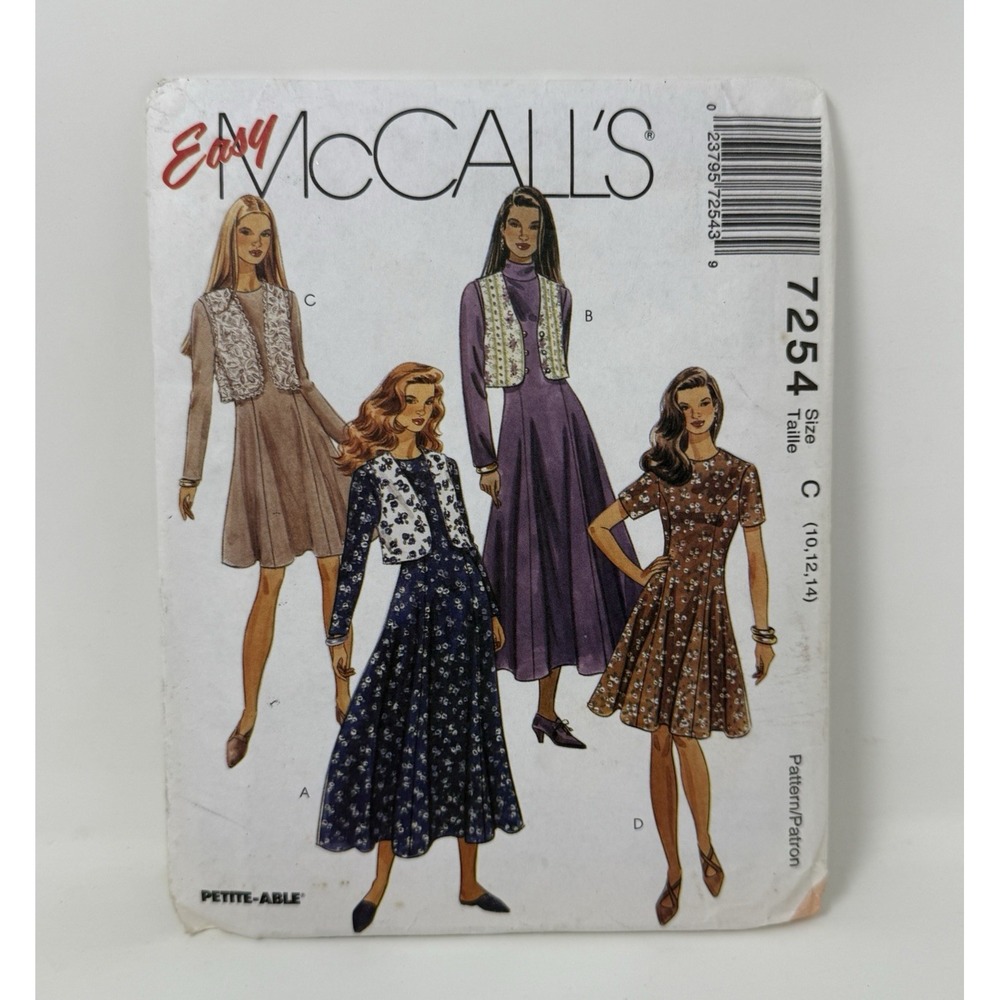 90s McCalls Sew Pattern 7254 Misses Fit & Flare Dress 2 Lengths Vest 10-14 UC